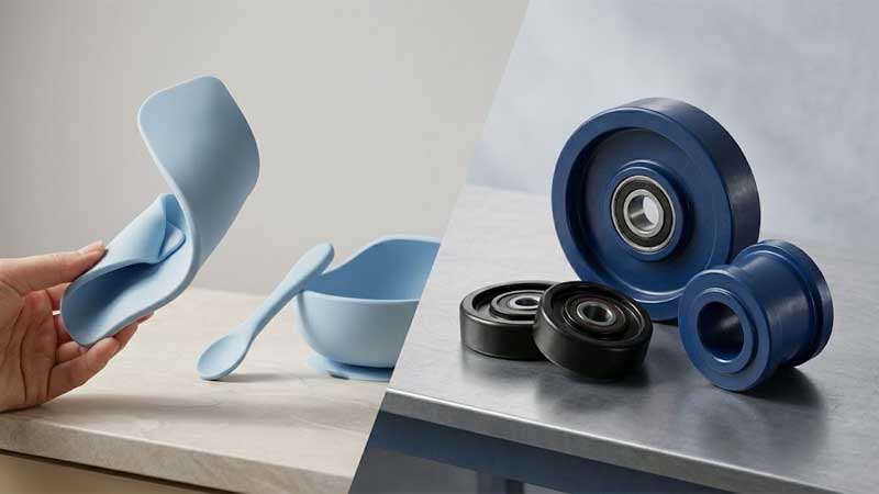 silikon jest zginany, składany lub rozciągany płynnie bez uszkodzeń, w pobliżu znajduje się kawałek poliuretanu, który zachowuje swój kształt