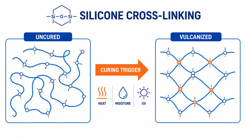 Diagram van de verknoping van siliconenpolymeren vóór en na