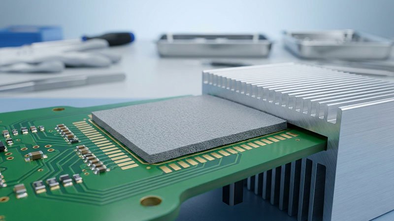ヒートシンク下の回路基板上の灰色のシリコン製熱伝導パッド