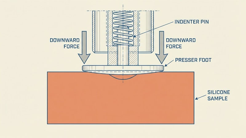 Cross section diagram showing durometer indenter pressing into silicone material