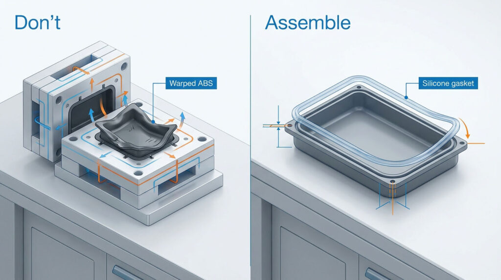 Warped ABS in LSR mold versus assembled silicone gasket