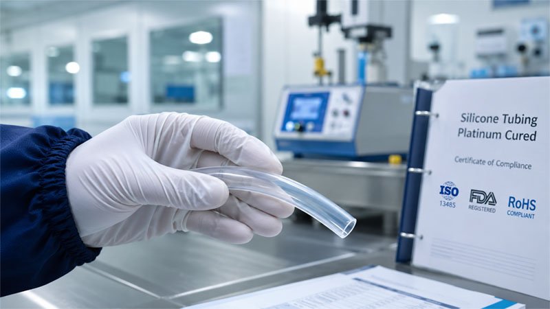 Ispezione di un campione di silicone di grado medicale in camera bianca.