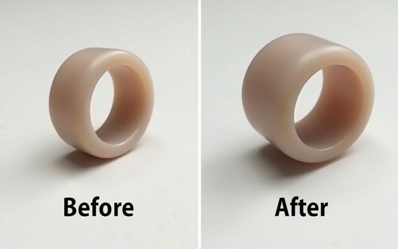 A before and after comparison of a shrunken silicone ring