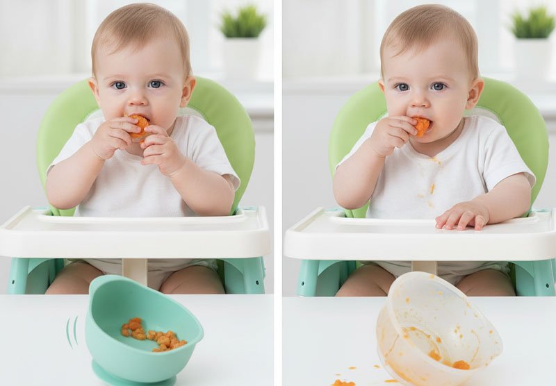 Baby med silikonskål som spretter, plastskålen er rotete og ødelagt