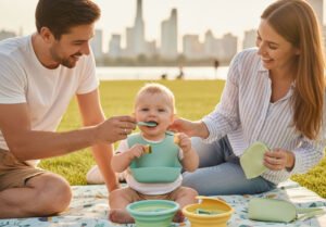Genitori felici allattano il loro bambino in un parco con un set compatto in silicone, con lo skyline della città sullo sfondo. Mostra la facilità di alimentazione in viaggio.