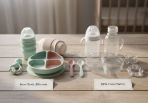 Детские товары из нетоксичного силикона и пластика без BPA, расположенные рядом