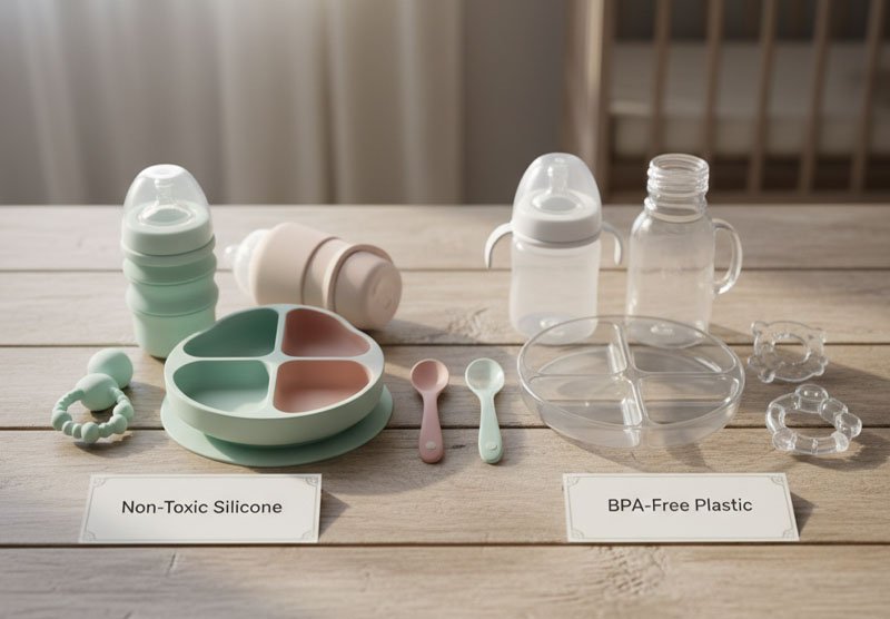非毒性シリコンとBPAフリープラスチックのベビー用品を並べて比較