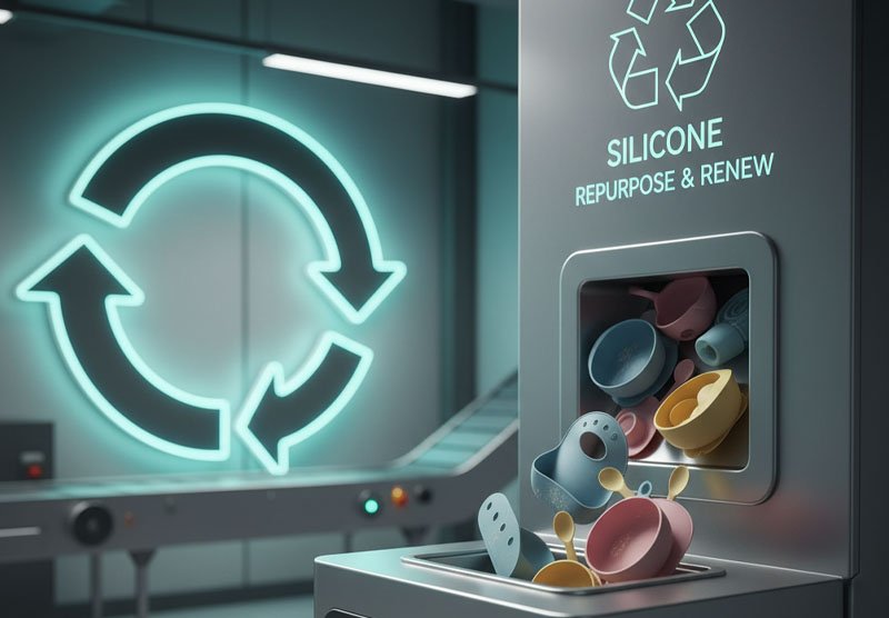 Konzeptbild, das abgenutzte Babyprodukte aus Silikon zeigt, die in einen speziellen industriellen Recyclingbehälter gelegt werden.