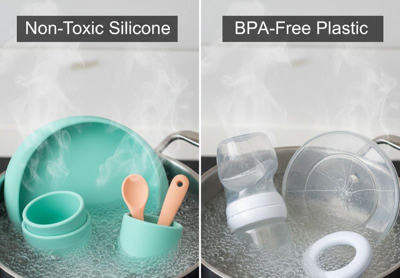 Silikon- og plastbabyartikler som koker i en kjele for sterilisering