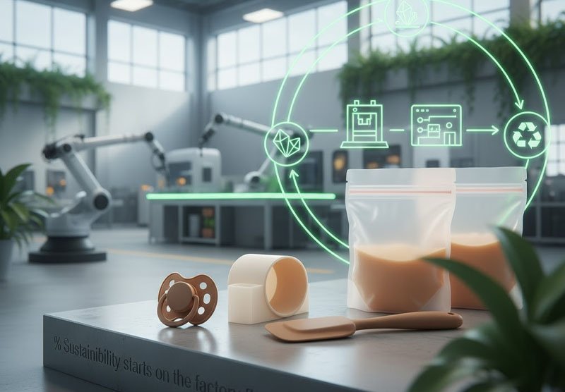 Een moderne fabriek met milieuvriendelijke siliconenproducten en een duurzaamheidscyclusdiagram