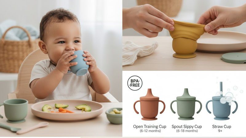 Copos de silicone para bebês, ideais para o desenvolvimento do BLW (Baby-Led Weaning).