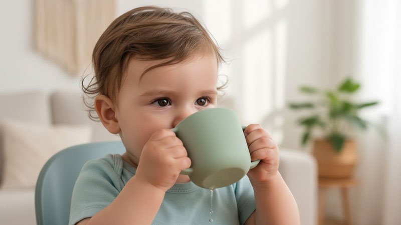 طفل يشرب من كوب سيليكون أخضر مفتوح