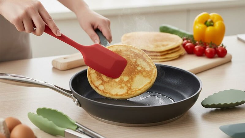 シリコンスパチュラでノンスティックフライパンでパンケーキをひっくり返す