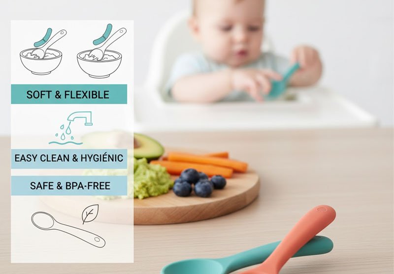 Close up of baby self feeding utensils with soft tips
