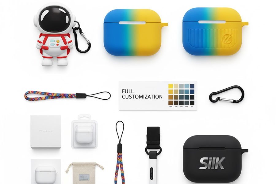 Eksempler på stærkt tilpassede AirPods-etuier og tilbehør i silikone