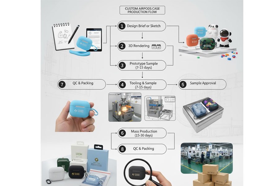 Flowchart over produktionsprocessen for brugerdefinerede AirPods-etuier
