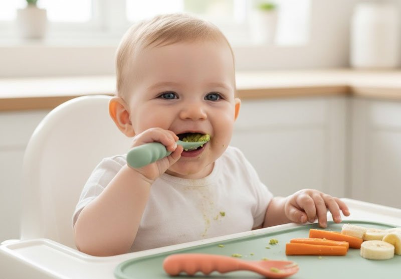 Happy baby using silicone spoon for self feeding