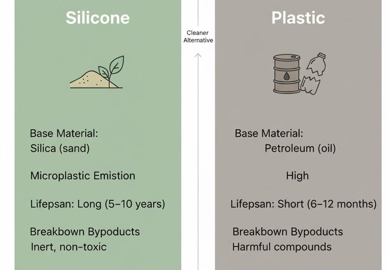 Infographie comparant l'impact environnemental du silicone et du plastique