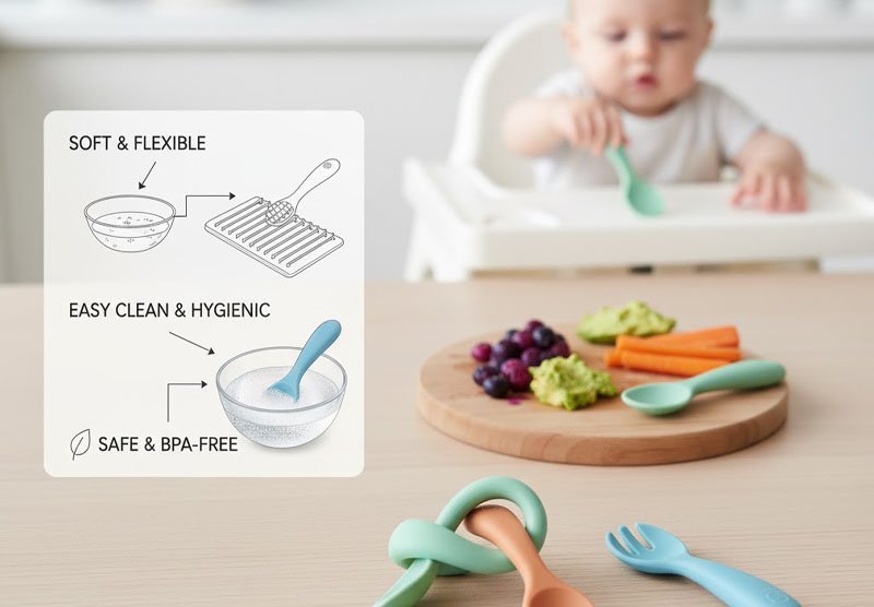 Infographic showing silicone utensil benefits soft safe easy clean