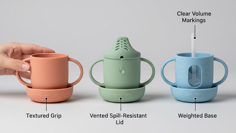 الميزات الرئيسية لتصميم أكواب الأطفال المصنوعة من السيليكون من RuiYang