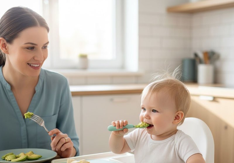 Mother and baby self feeding with avocado and silicone spoon