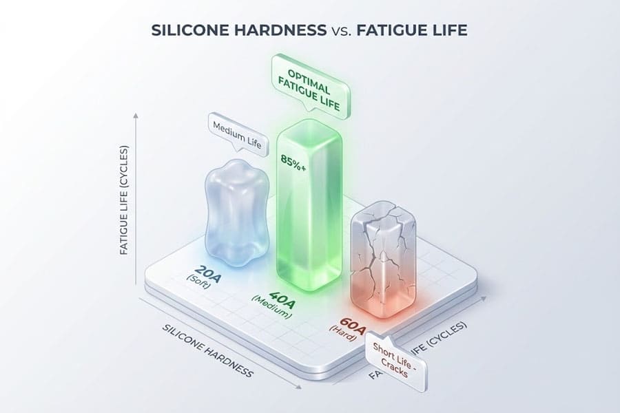 Graphique à barres 3D visualisant la relation entre la dureté du silicone et sa durée de vie en fatigue, mettant en évidence l'avantage d'une dureté de 40A et les risques de fissuration des matériaux plus durs.