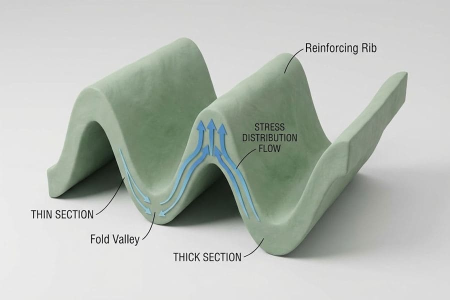 Diagramme en coupe 3D de l'épaisseur de la paroi en silicone et des nervures de renforcement montrant l'amincissement au niveau de la structure de support de la nervure de pliure et le flux de distribution des contraintes