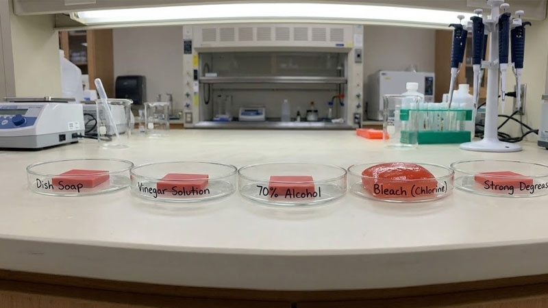 Một cuộc thử nghiệm trong phòng thí nghiệm cho thấy các mẫu silicon được ngâm trong các chất tẩy rửa khác nhau với mẫu thuốc tẩy cho thấy sự xuống cấp rõ rệt