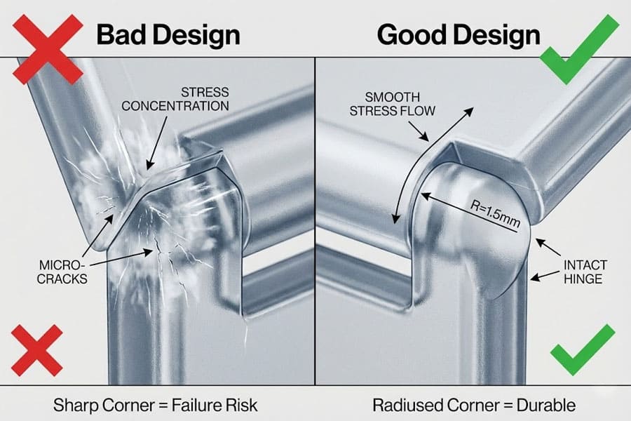Le schéma comparatif des conceptions de charnières (à gauche) montre le blanchiment dû aux contraintes et les fissures au niveau des angles vifs, tandis que celui de droite illustre la douceur et l'intégrité des angles arrondis, soulignant ainsi l'importance du rayon de courbure.