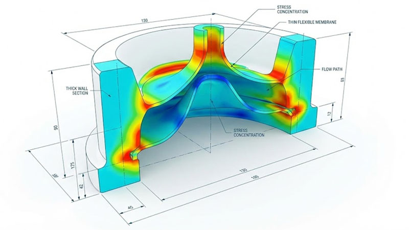 Coupe transversale d'une valve en silicone montrant l'épaisseur de la paroi et la contrainte