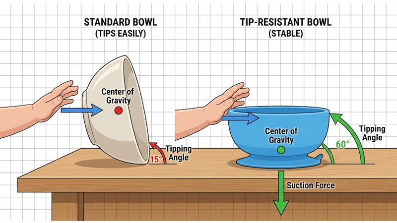Diagramm zum Vergleich der Stabilität von Standard-Saugschalen und kippsicheren Schalen