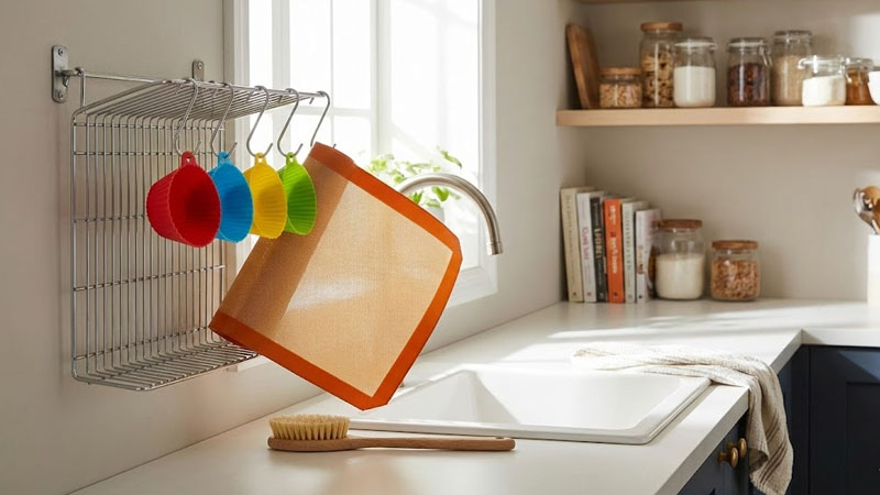 Tấm nướng silicon và cốc mới rửa sạch treo trên giá phơi để khô hoàn toàn