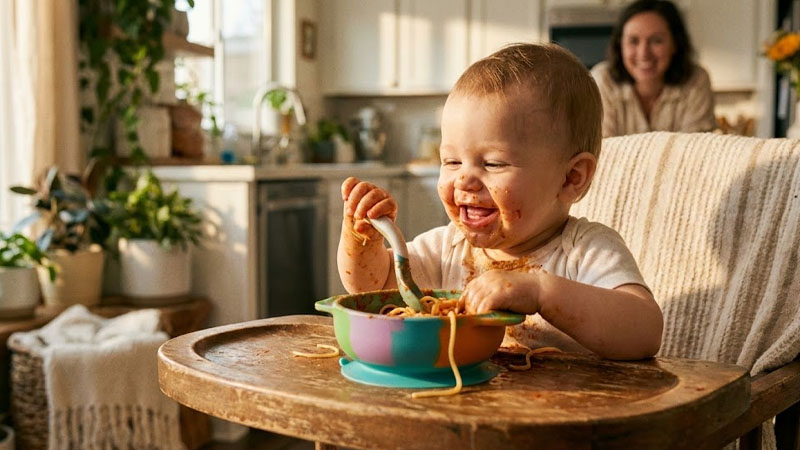 طفل سعيد يتغذى بنفسه من وعاء شفط سيليكون