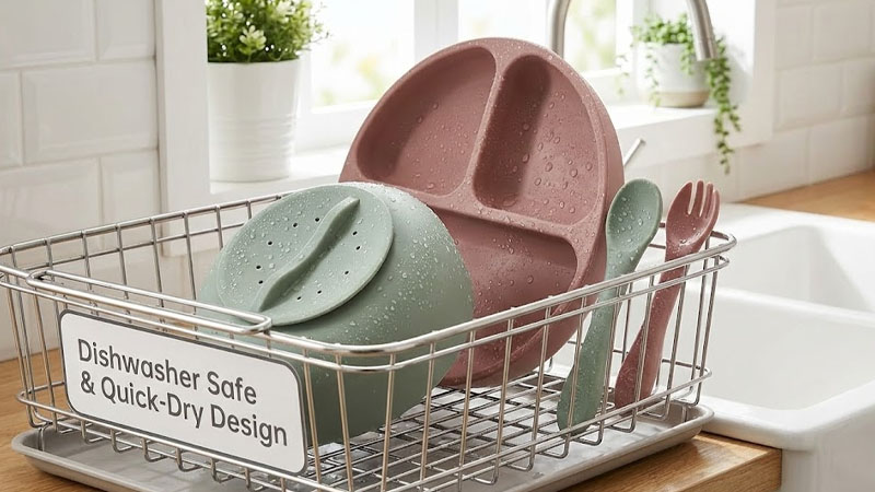 Hygienisches Silikongeschirr trocknet auf einem Gestell und zeigt Schnelltrocknungseigenschaften