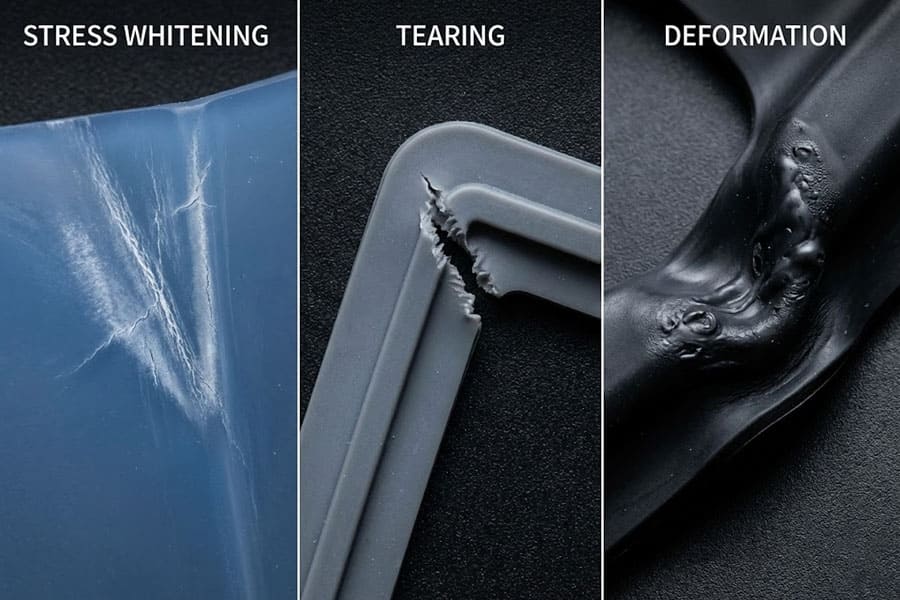 Macrophotographie composite des modes de rupture par pliage du silicone montrant clairement les détails du blanchiment sous contrainte, de la déchirure et de la déformation permanente