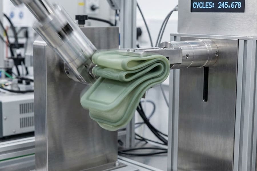 Un équipement de test de fatigue mécanique en laboratoire effectue des pliages répétés d'un récipient en silicone, démontrant ainsi le processus de validation de la durabilité du produit.
