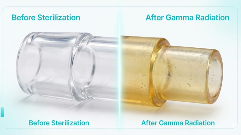 Jaunissement des connecteurs en silicone médical après irradiation gamma