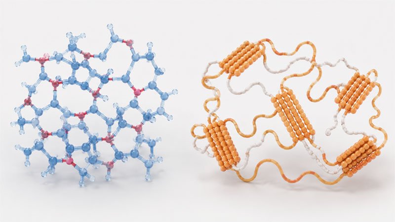 Molecular structure comparison — silicone thermoset 3D crosslinked network versus TPU thermoplastic alternating hard and soft segments