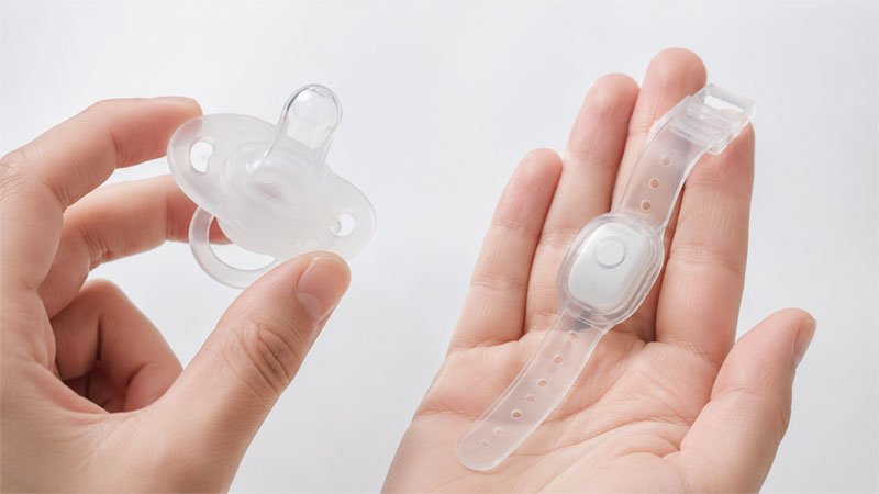 Silicone baby pacifier and medical grade TPU wearable strap held in hand — biocompatibility and skin contact applications