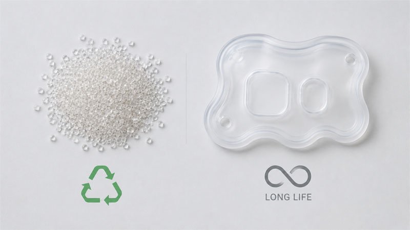 TPU regrind pellets next to cured silicone scrap — recyclability and end of life comparison