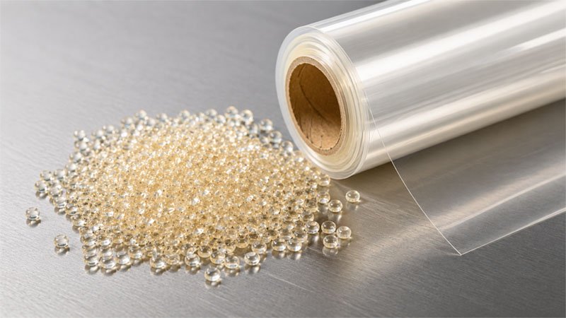 TPU thermoplastic polyurethane raw material — transparent pellets and clear film ready for injection molding