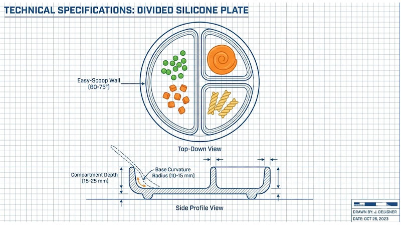 Technische Zeichnung der Schüsselgeometrie mit Schaufelwinkeln und Abmessungen