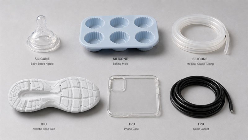 Typical silicone applications baby nipple baking mold medical tubing compared with typical TPU applications shoe sole phone case cable jacket