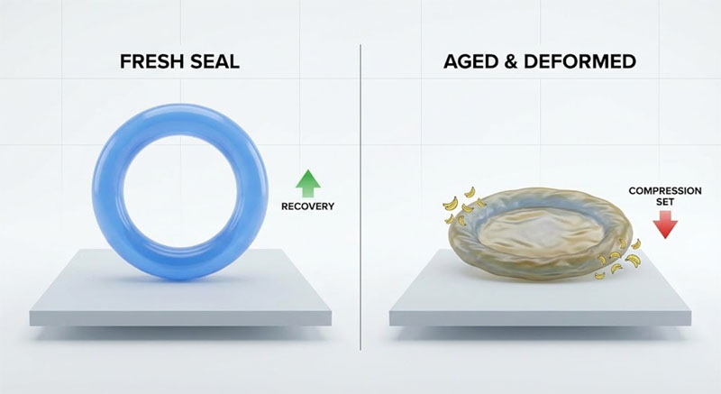新しいシリコンシールと永久的に変形した故障したシールとの比較