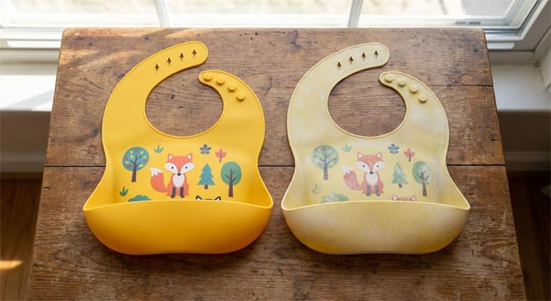 Vergleich eines leuchtend neuen Silikon-Lätzchens mit einem verblassten, spülmaschinengewaschenen Lätzchen