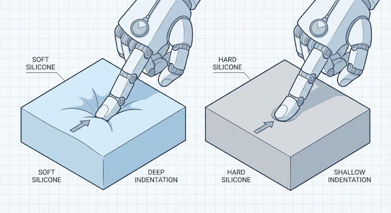 柔らかいシリコンブロックと硬いシリコンブロックを指で押したときの比較