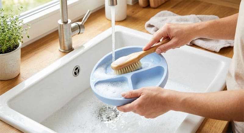 Silikonplatte vorsichtig von Hand mit einer weichen Bürste und milder Seife waschen