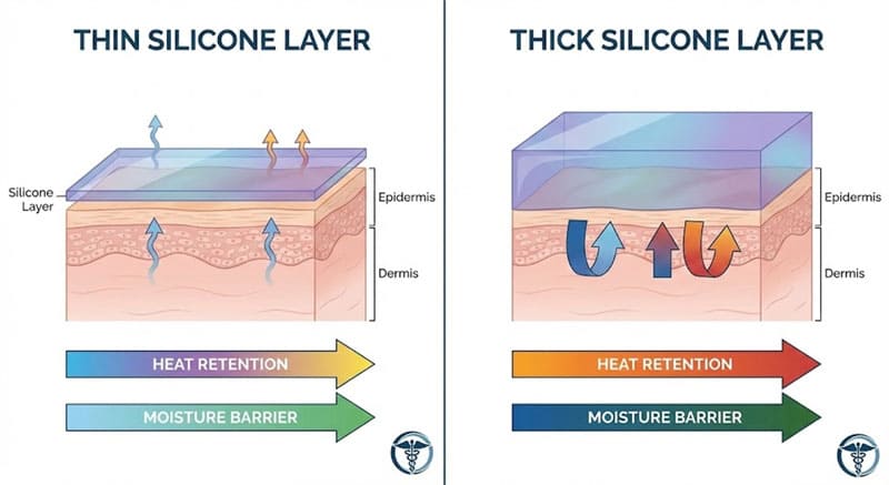 Bagan perbandingan ketebalan silikon dan kemampuan bernapas.