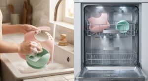 Split view comparing hand washing and dishwasher cleaning of silicone baby products