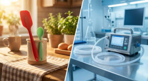 Gesplitst beeld van siliconen keukengerei versus steriele siliconen medische hulpmiddelen